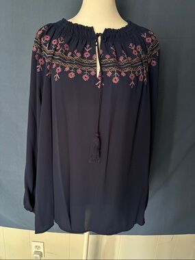 Investments Navy Peasant Tunic with Pink Embroidery